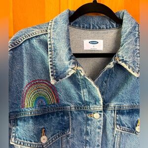 Old Navy Pride Denim Jean Jacket 4x Womens Boyfriend Blue Rainbow Button Front